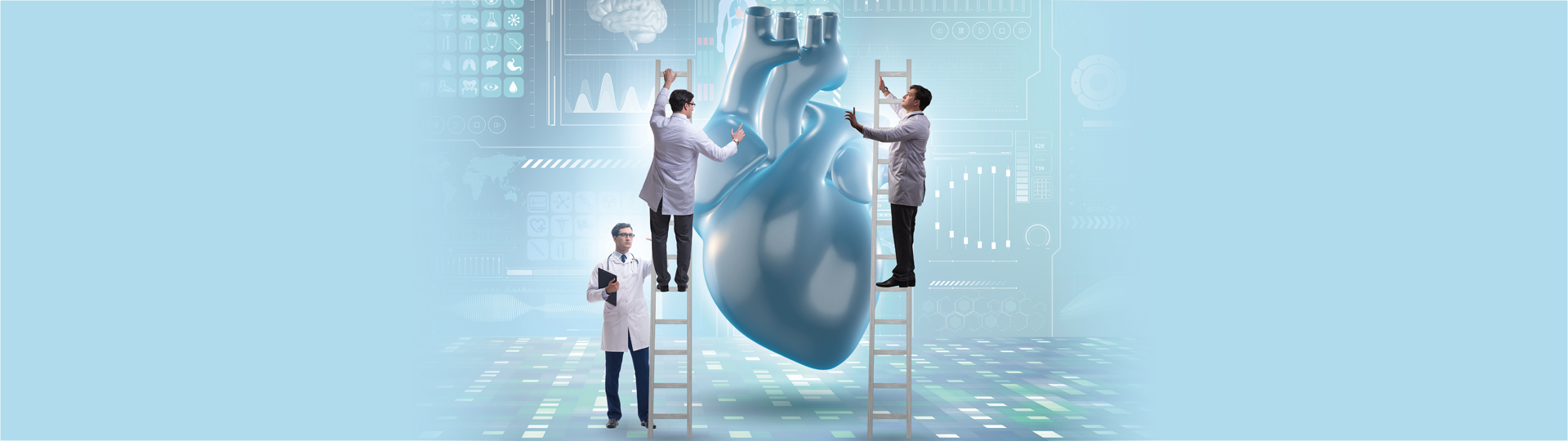 3 Ärzte arbeiten an einem virtuellen Herz