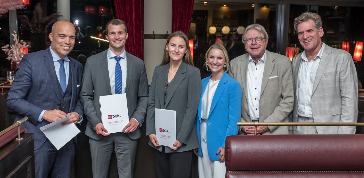 vlnr: Prof. Dr. Philipp Sommer, Preisträger Moritz Nies, Preisträgerin Paulina Vitkauskė, Dorothee Stamm, Prof. Dr. Bernd Lemke, Prof. Dr. Stefan Blankenberg (©DGK/Thomas Hauss)
