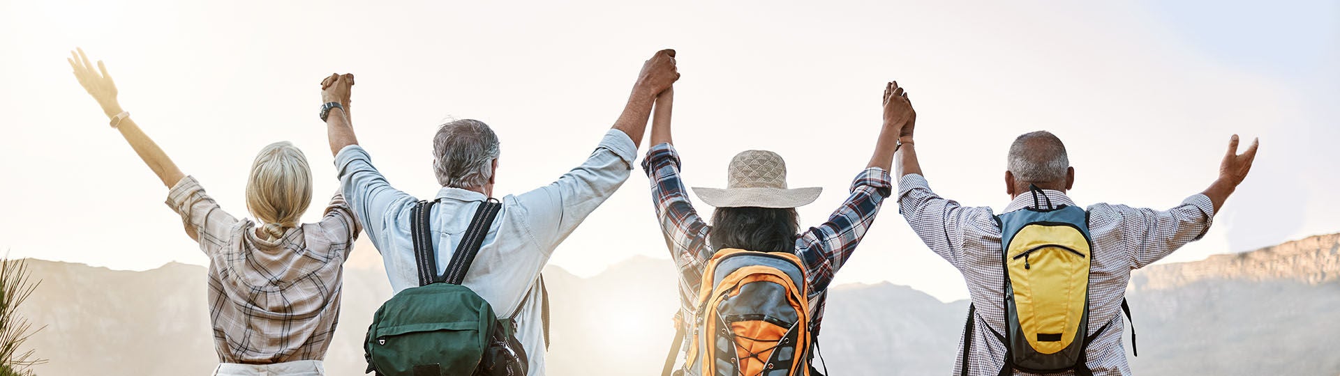 Vier Seniorinnen und Senioren, die Wanderoutfits tragen, stehen nebeneinander auf einem Berg, fassen sich an den Händen, strecken die Arme nach oben und genießen die Aussicht. Bildquelle: Adobe Stock / Courtney Haas/peopleimages.com