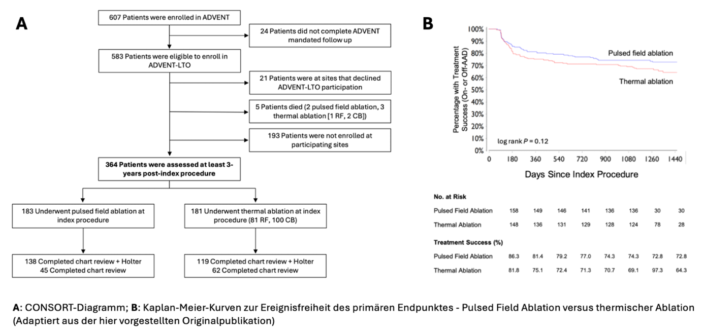Consort-Diagramm; Kaplan-Meier-Kurven zur Ereignisfreiheit des primären Endpunktes