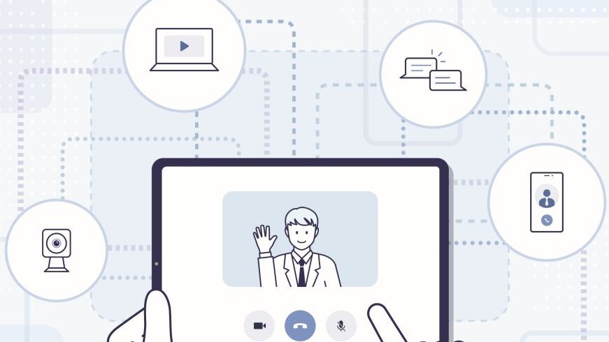 Darstellung eines Mobilgeräts auf dem ein Videocall stattfindet mit visuellen Vernetzungen zu verschiedenen Online-Funktionen, wie zum Beispiel Chat, Telefon, Lautsprecher und Videos