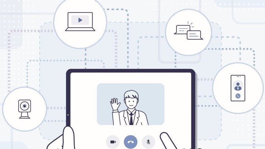 Darstellung eines Mobilgeräts auf dem ein Videocall stattfindet mit visuellen Vernetzungen zu verschiedenen Online-Funktionen, wie zum Beispiel Chat, Telefon, Lautsprecher und Videos