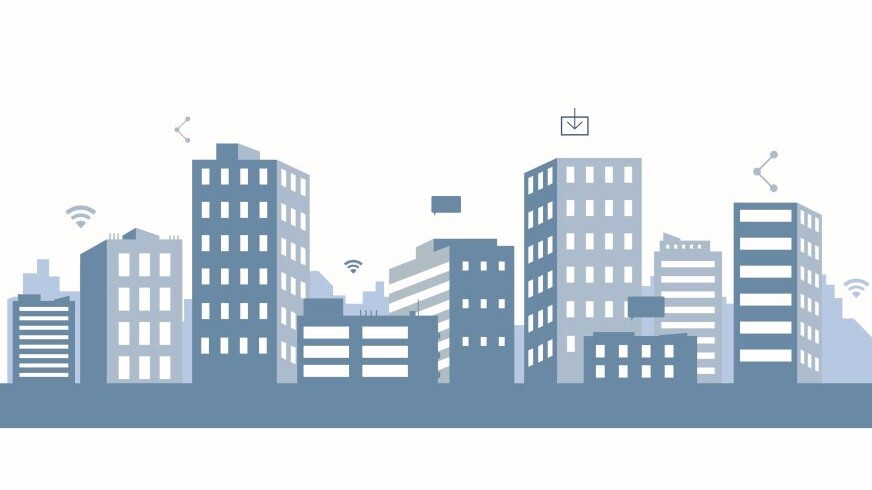 Abbildung einer Skyline mit Symbolen über den Häusern: WiFi, Download, Verlinkungen und Chat