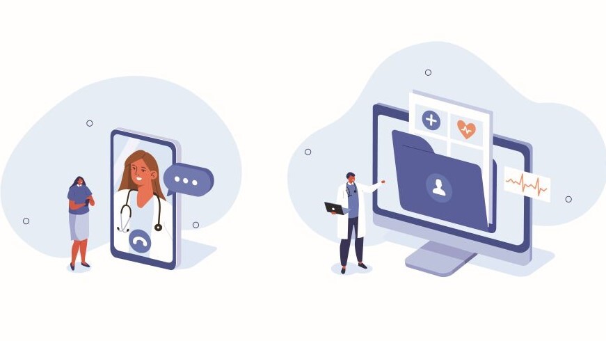 Zwei Zeichnungen nebeneinander: Eine Frau kommuniziert per Videoanruf mit ihrer Ärztin und ein Arzt mit Laptop in der Hand zeigt auf eine digitale Patientenmappe auf einem Bildschirm hinter sich