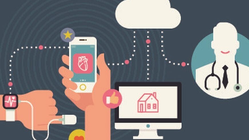 Darstellung einer Vernetzung von Pulsoximeter, Smartwatch, mobiler App, Datencloud, Computer und medizinischem Personal