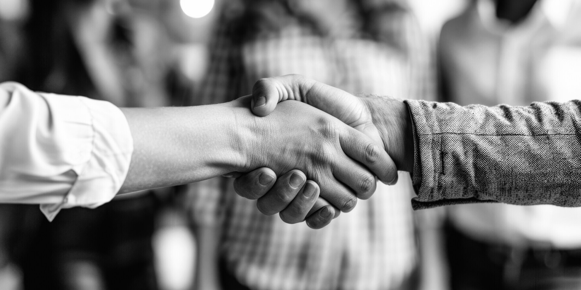At an event, a crowd watches a man and a woman greet each other by shaking hands, displaying gestures and body language