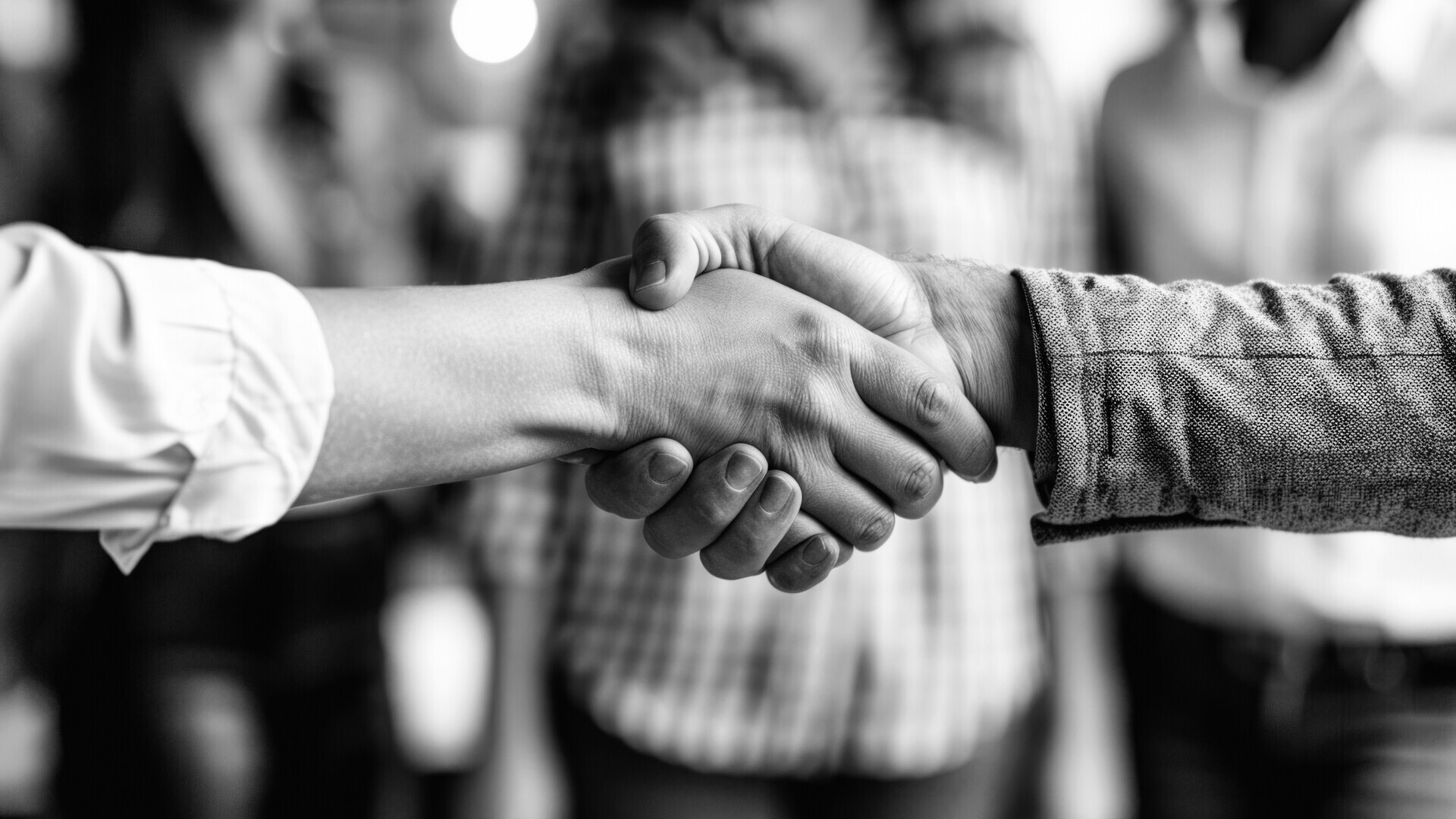 At an event, a crowd watches a man and a woman greet each other by shaking hands, displaying gestures and body language