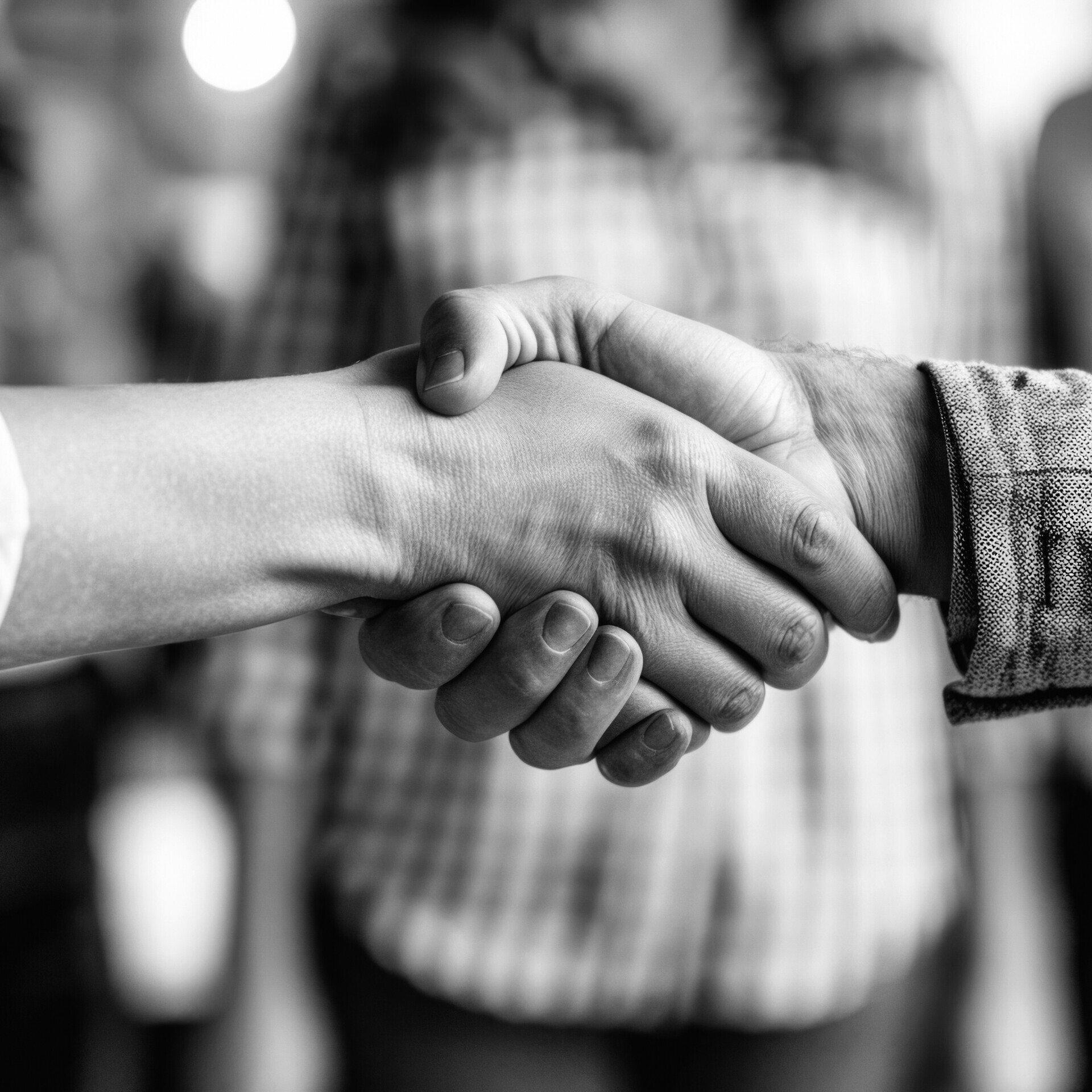 At an event, a crowd watches a man and a woman greet each other by shaking hands, displaying gestures and body language