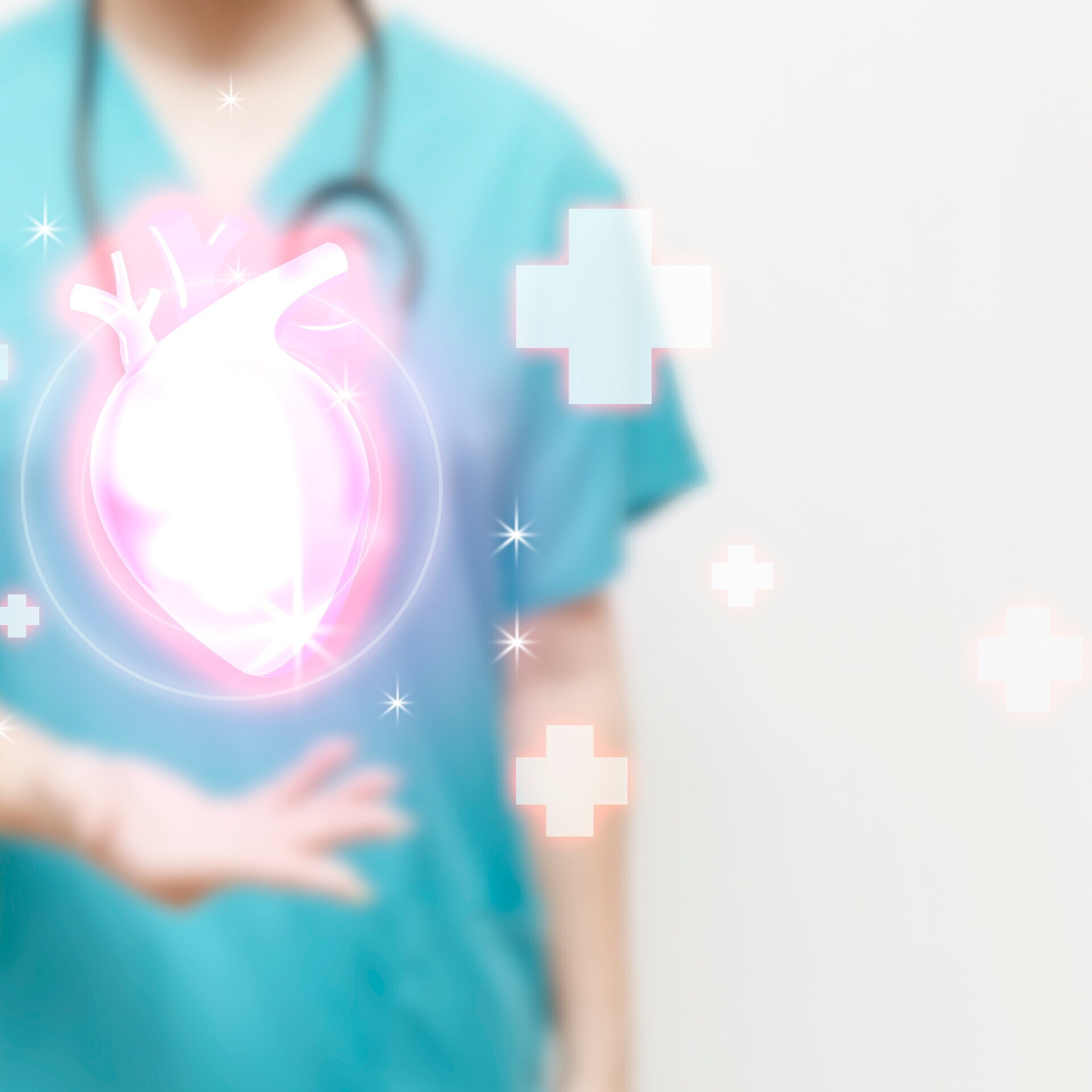 Medizinisches Personal mit Stethoskop und Herz im Vordergrund