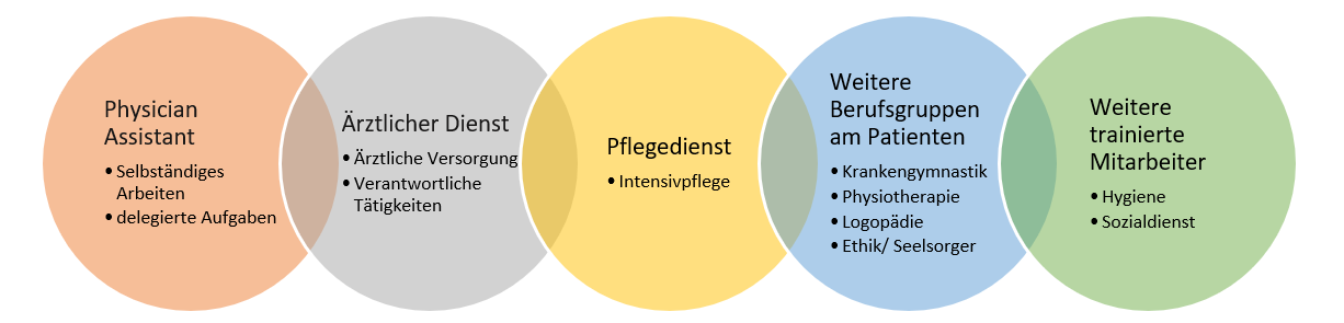 Schaubild mit fünf ineinandergreifenden Kreisen: Integration der PAs in die Personalstruktur des kardiovaskulären Intensivbereiches