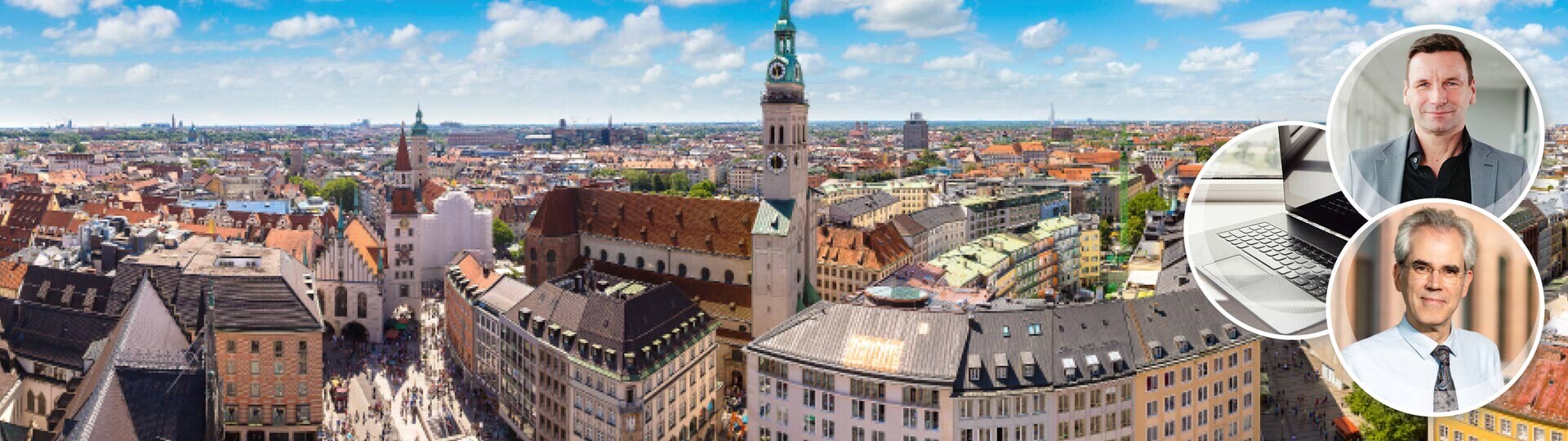Stadt München mit Experten und Laptop