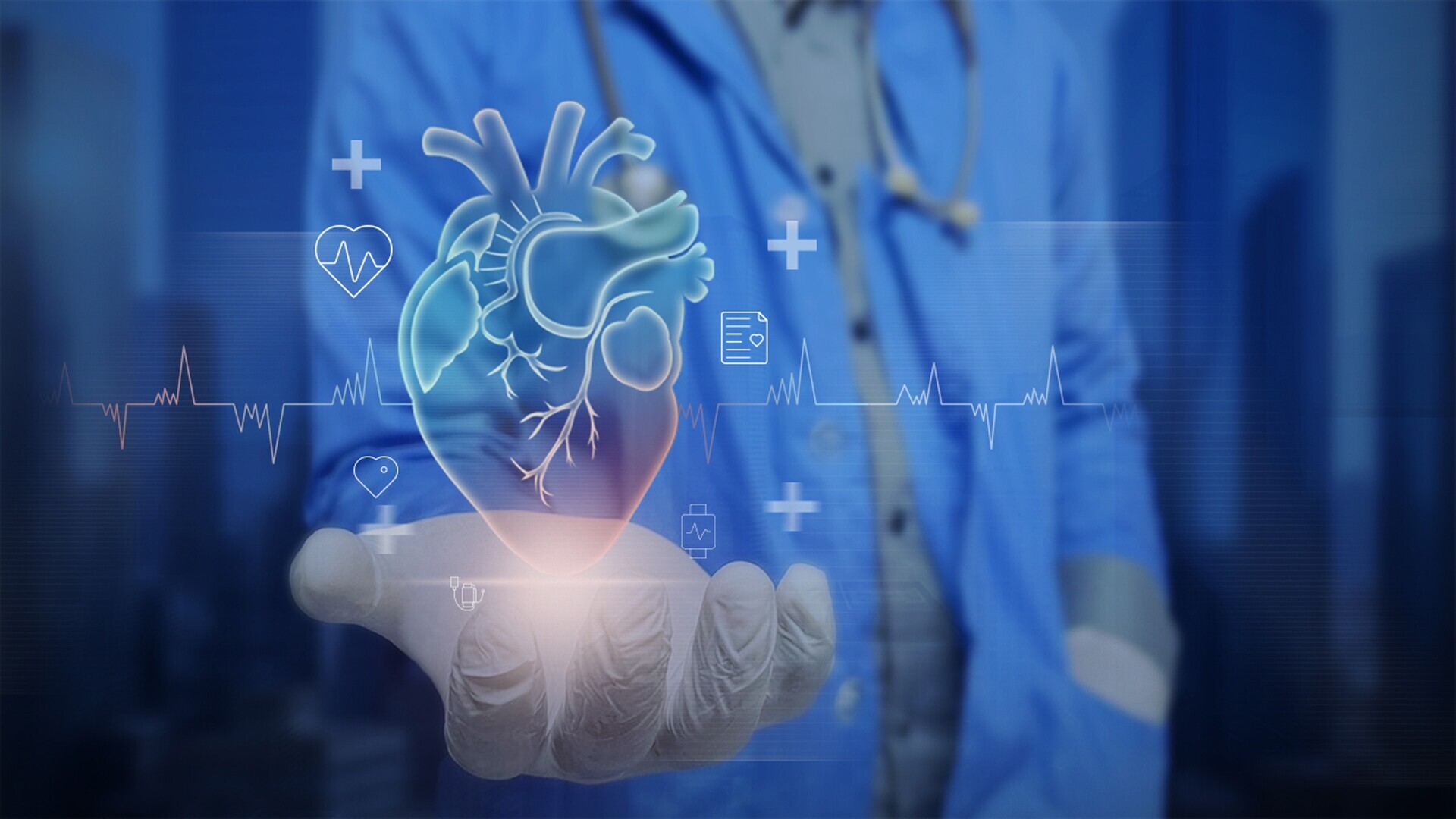 Futuristic Cardiology Interface with Digital Heart Hologram in Doctor's Hand - A healthcare professional in medical attire holds a glowing digital heart hologram, surrounded by futuristic cardiology.